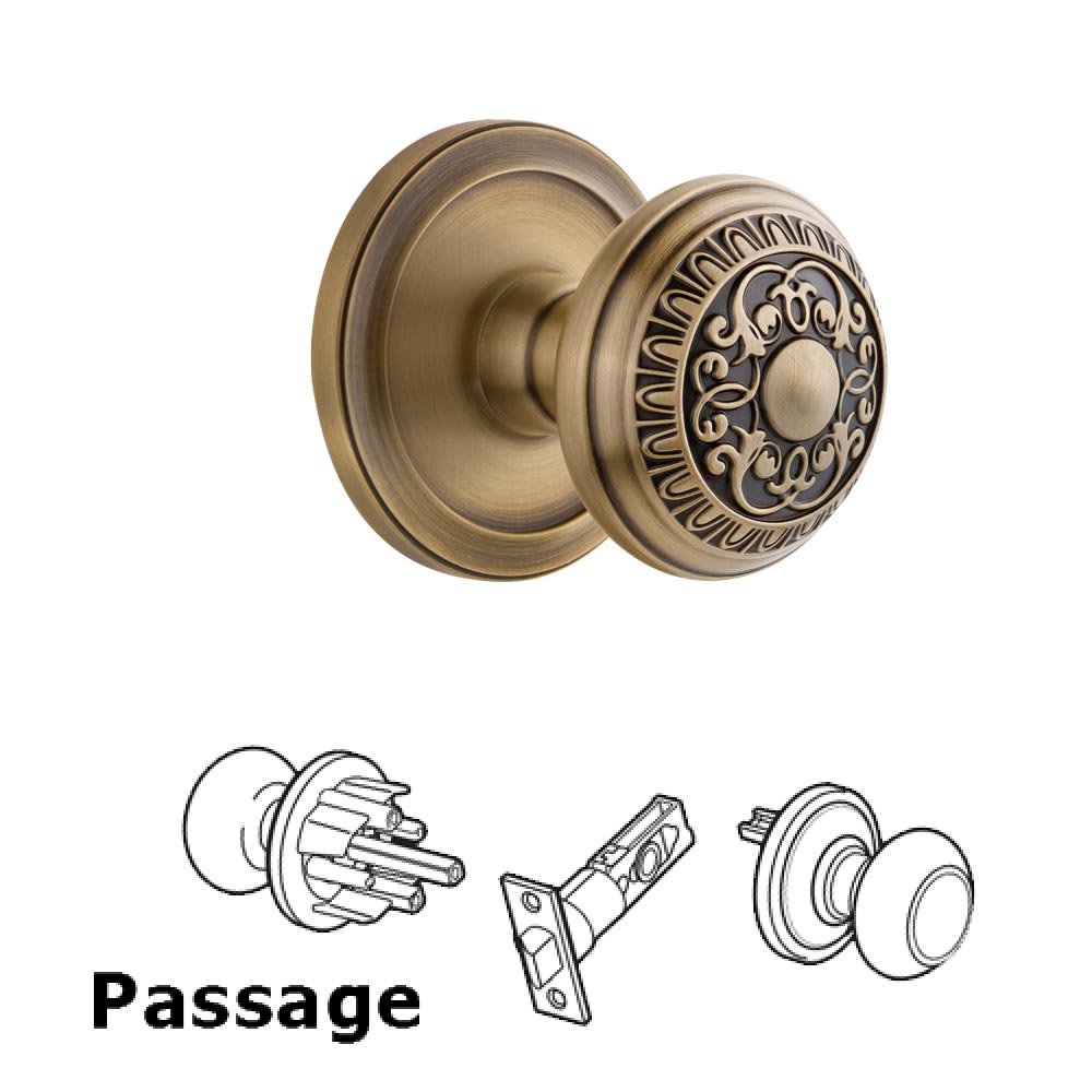 Grandeur Circulaire Rosette Passage with Windsor Knob in Vintage Brass