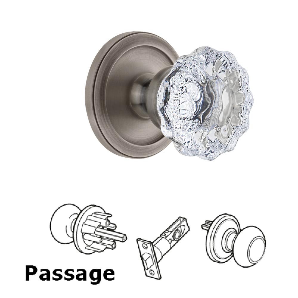 Grandeur Circulaire Rosette Passage with Fontainebleau Crystal Knob in Antique Pewter