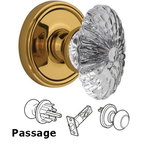Passage Knob - Georgetown with Burgundy Crystal Knob in Polished Brass