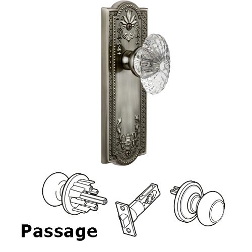 Passage Knob - Parthenon Plate with Burgundy Crystal Knob in Antique Pewter
