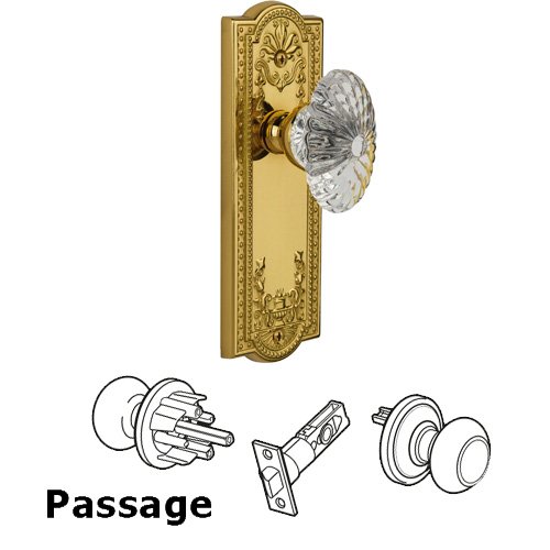 Passage Knob - Parthenon Plate with Burgundy Crystal Knob in Polished Brass