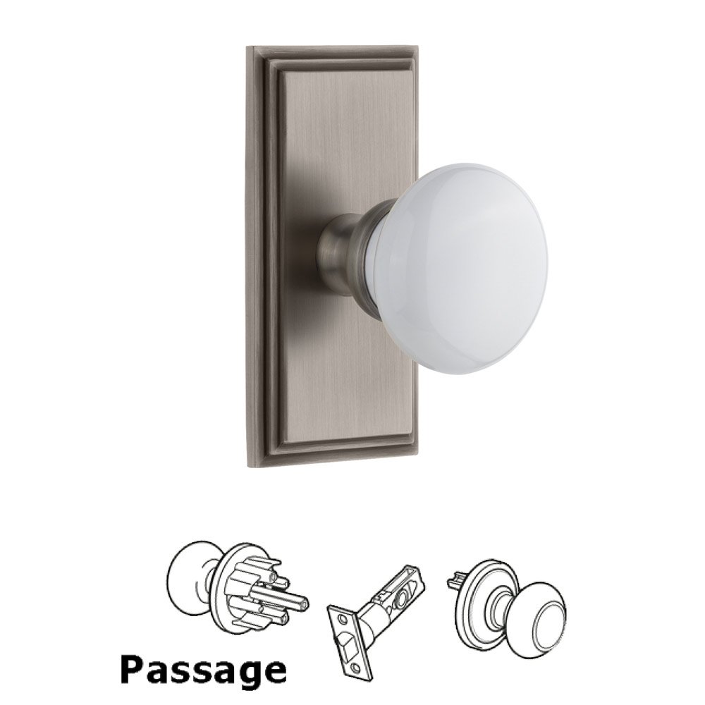 Carre Plate Passage with Hyde Park White Porcelain Knob in Antique Pewter
