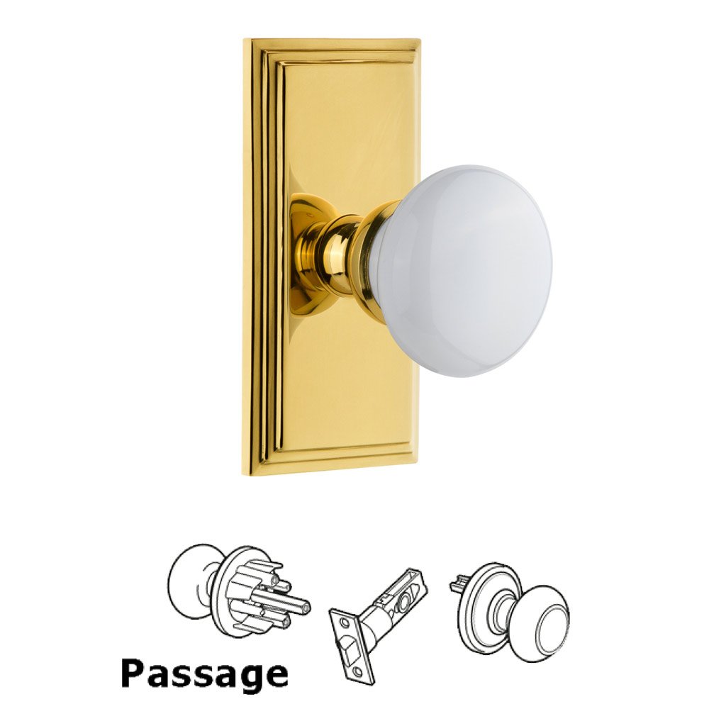 Carre Plate Passage with Hyde Park White Porcelain Knob in Polished Brass