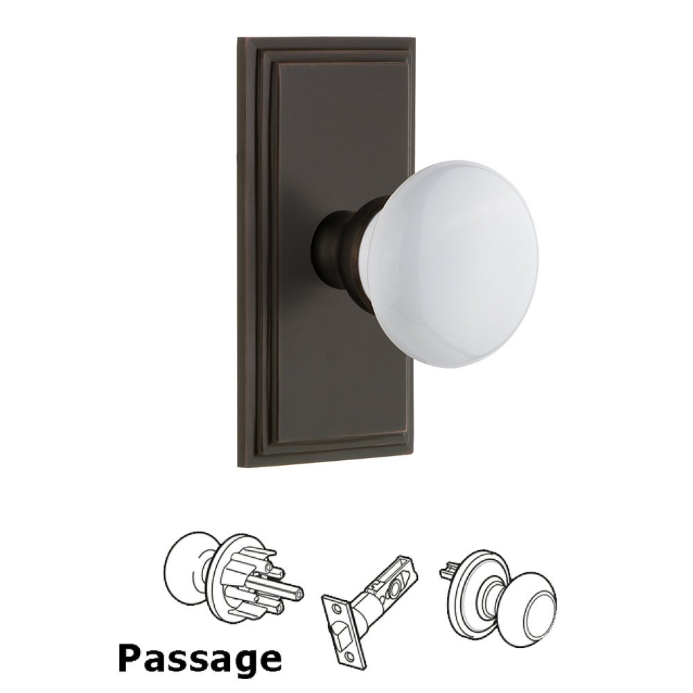Carre Plate Passage with Hyde Park White Porcelain Knob in Timeless Bronze