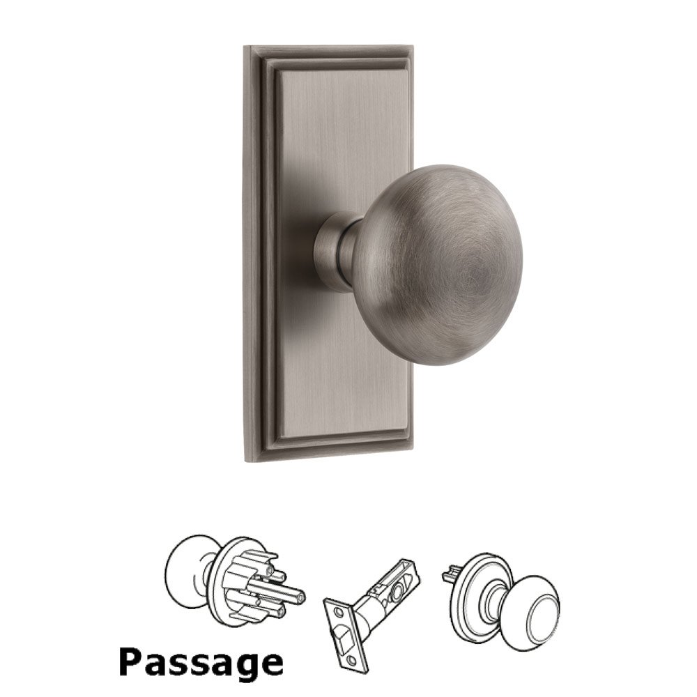 Grandeur Carre Plate Passage with Fifth Avenue Knob in Antique Pewter