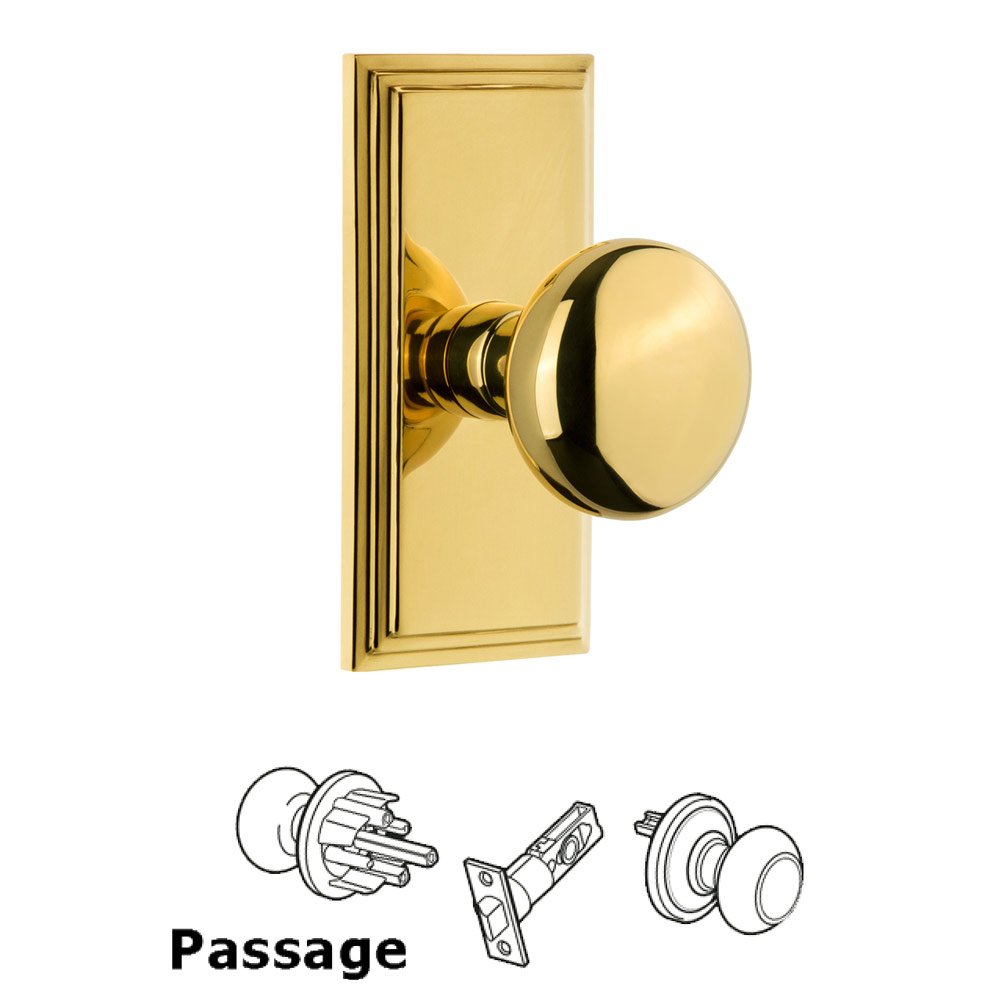 Grandeur Carre Plate Passage with Fifth Avenue Knob in Polished Brass