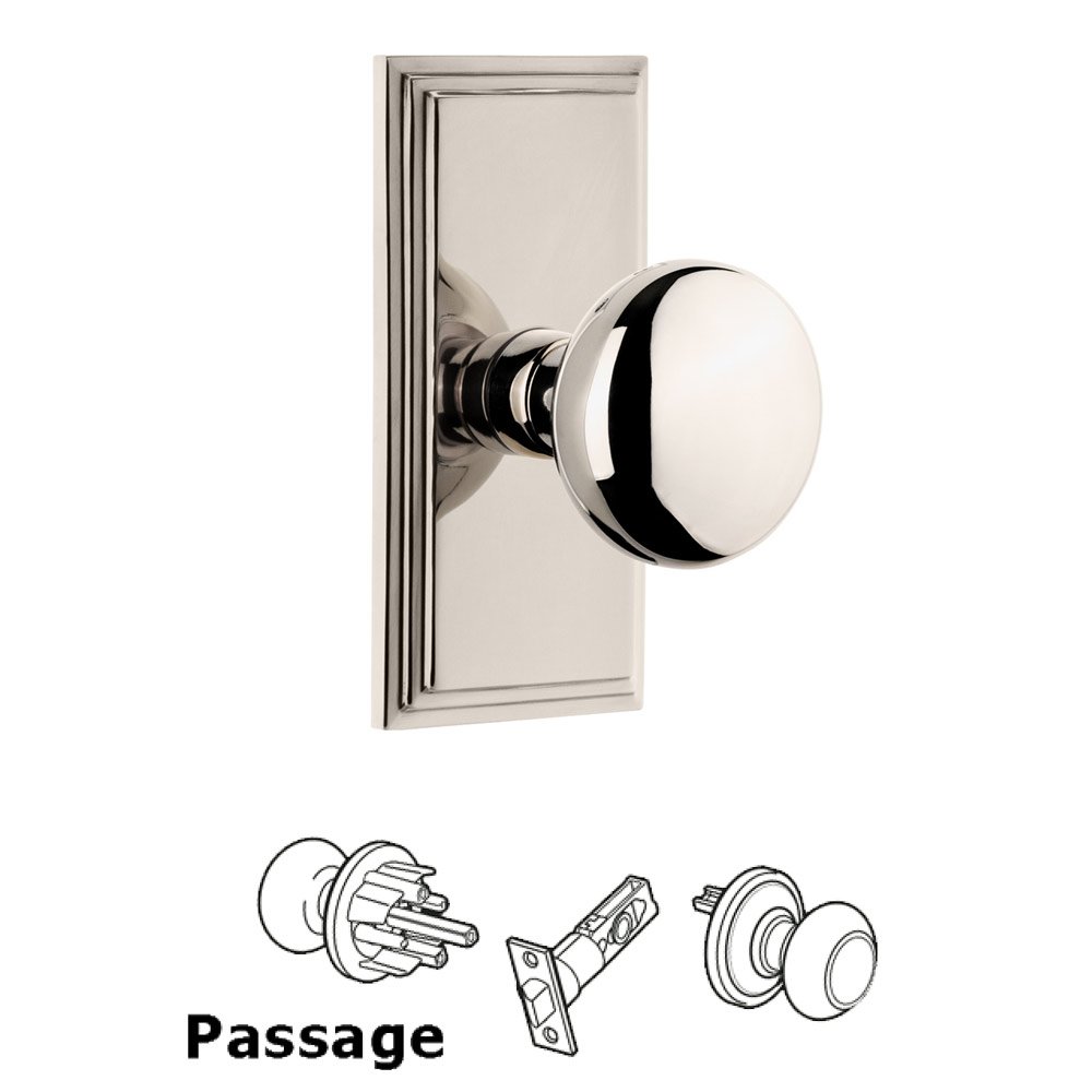 Grandeur Carre Plate Passage with Fifth Avenue Knob in Polished Nickel