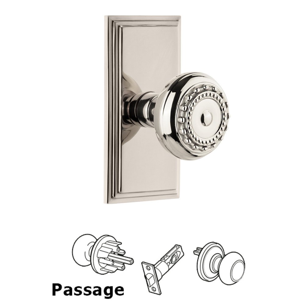 Grandeur Carre Plate Passage with Parthenon Knob in Polished Nickel