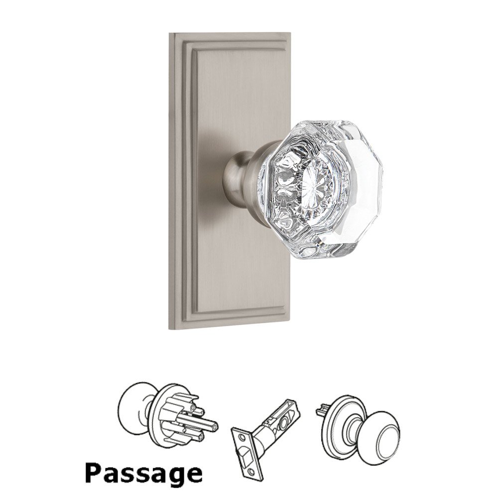 Grandeur Carre Plate Passage with Chambord Crystal Knob in Satin Nickel