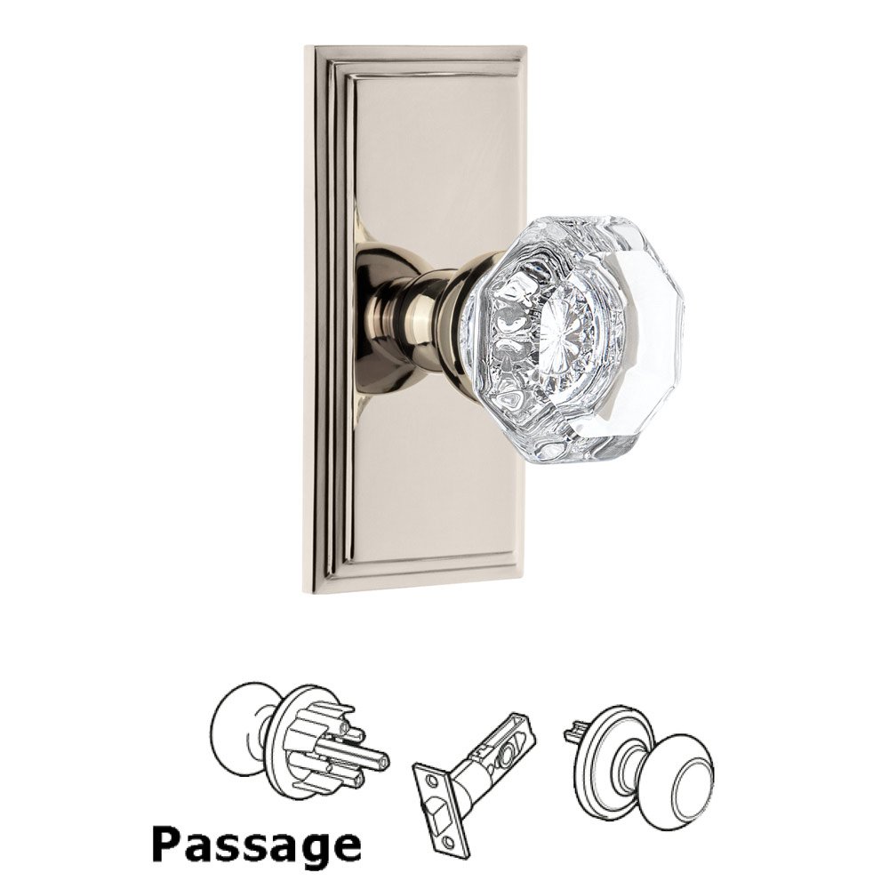 Grandeur Carre Plate Passage with Chambord Crystal Knob in Polished Nickel
