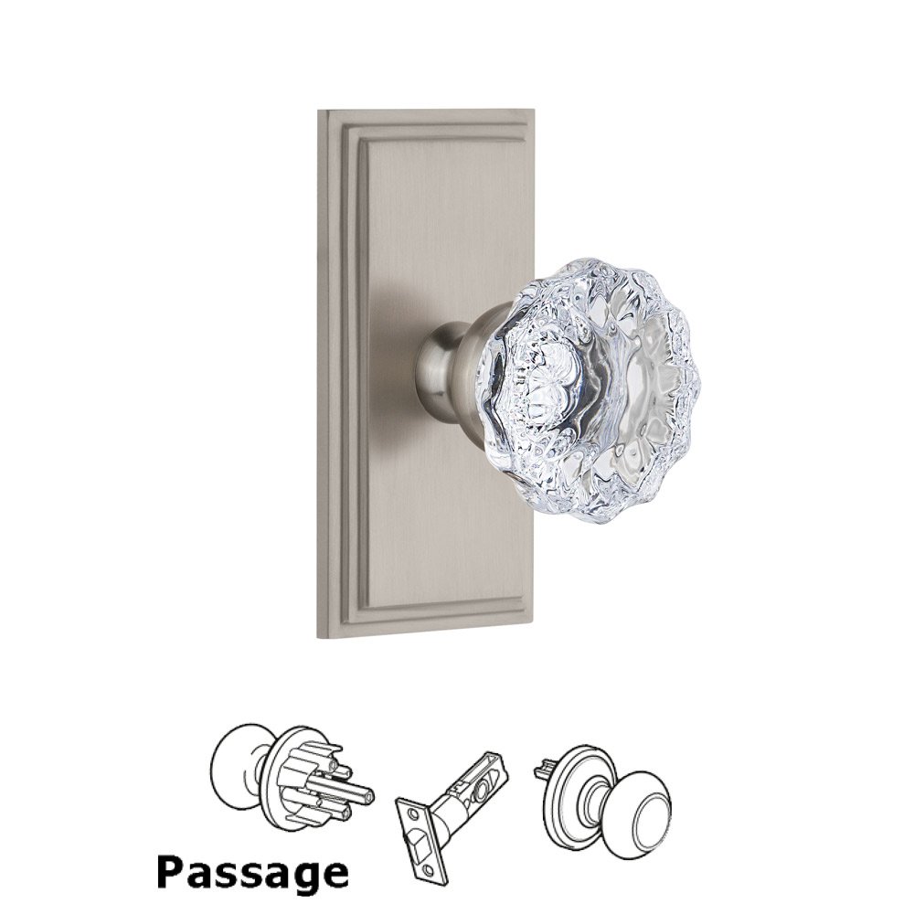 Grandeur Carre Plate Passage with Fontainebleau Crystal Knob in Satin Nickel