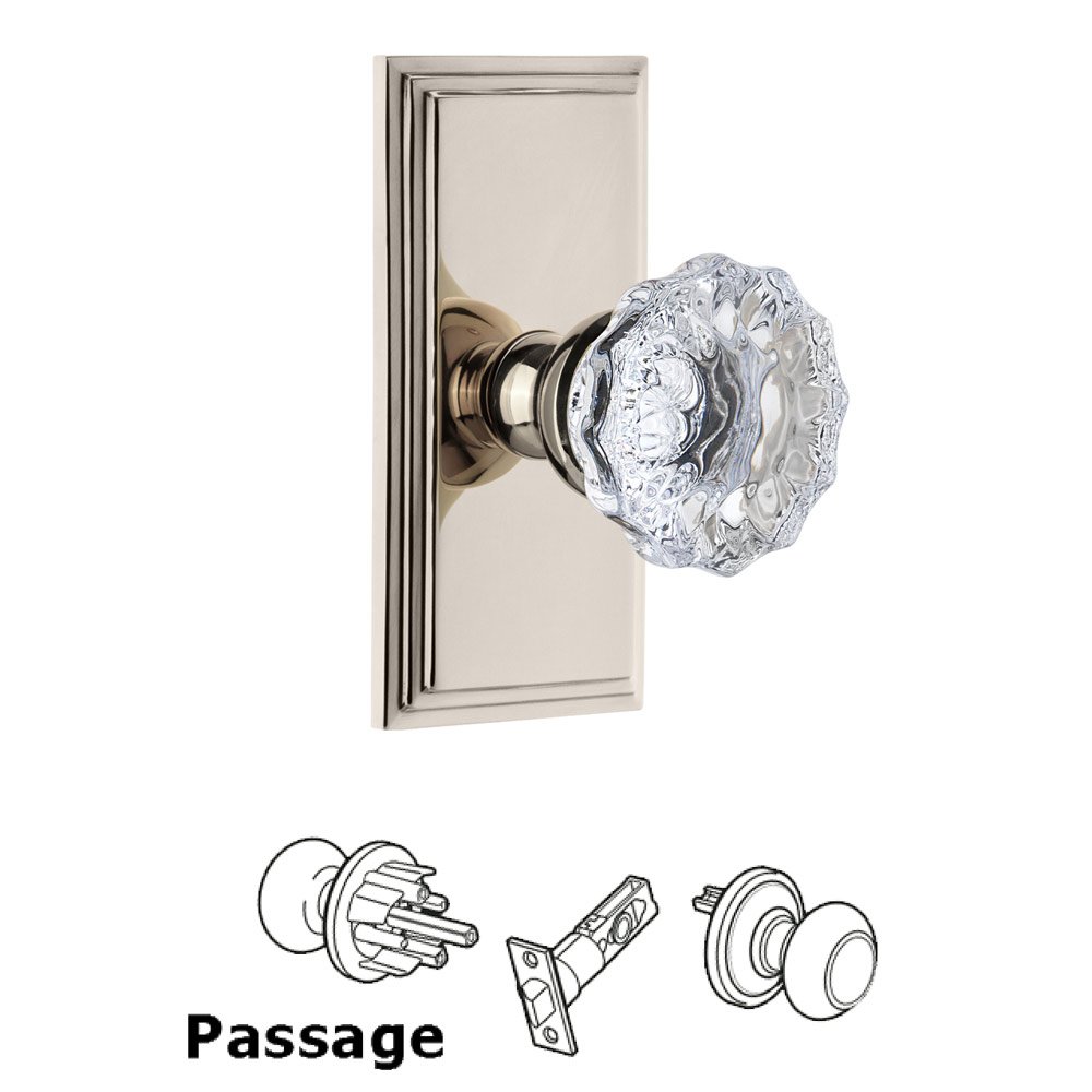 Grandeur Carre Plate Passage with Fontainebleau Crystal Knob in Polished Nickel