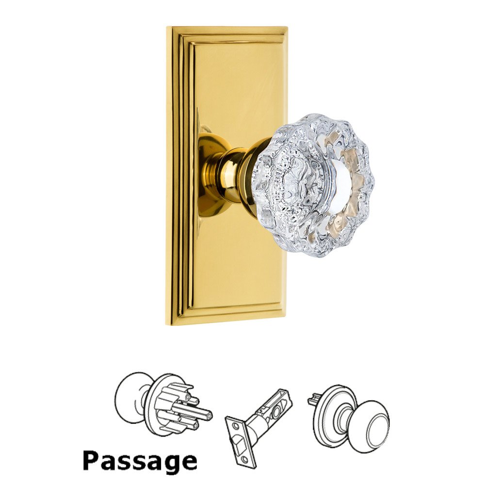 Grandeur Carre Plate Passage with Versailles Crystal Knob in Polished Brass