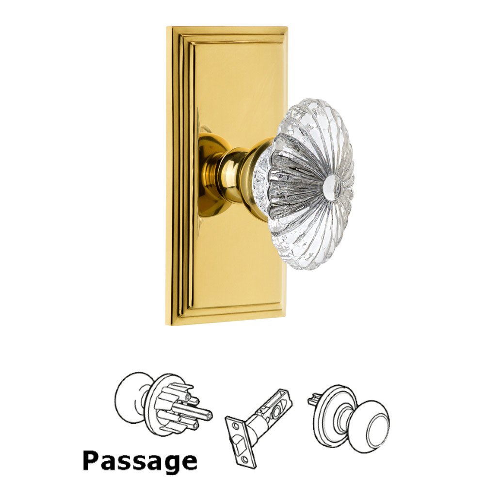 Grandeur Carre Plate Passage with Burgundy Crystal Knob in Polished Brass
