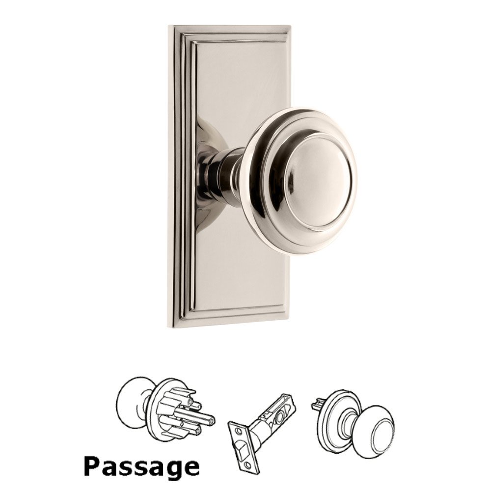 Grandeur Carre Plate Passage with Circulaire Knob in Polished Nickel