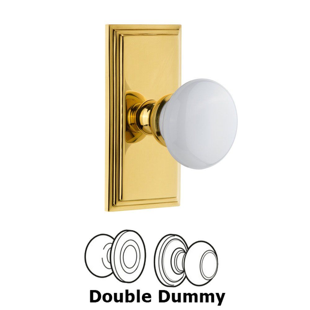 Carre Plate Double Dummy with Hyde Park White Porcelain Knob in Polished Brass