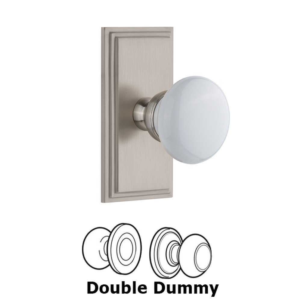 Carre Plate Double Dummy with Hyde Park White Porcelain Knob in Satin Nickel