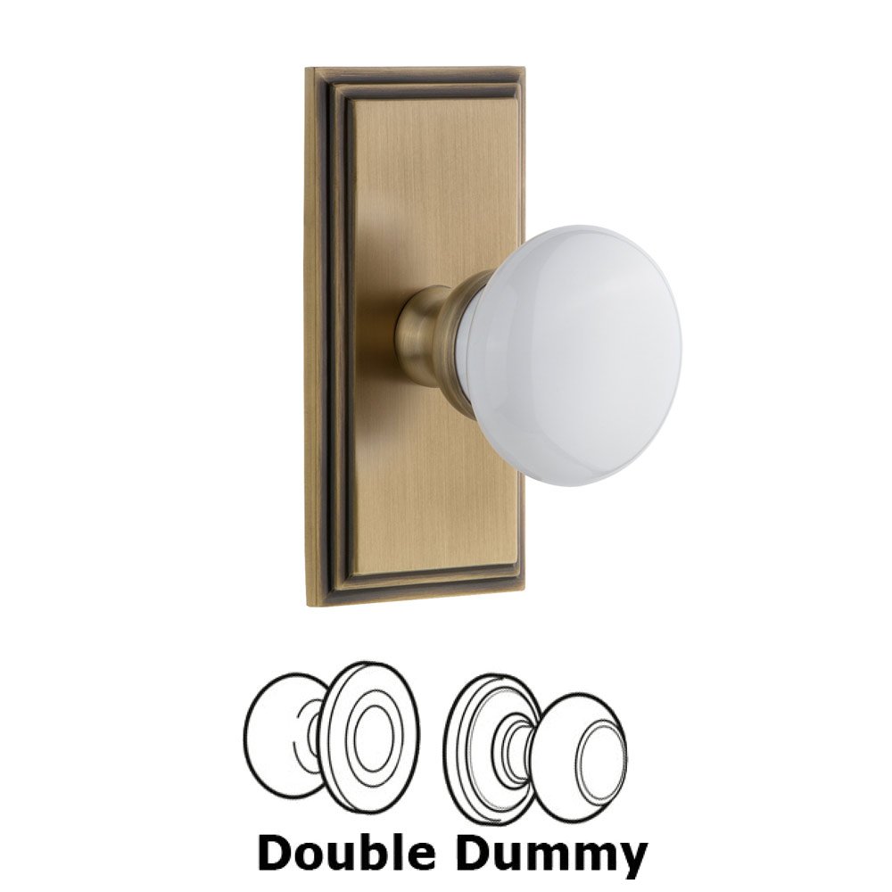 Carre Plate Double Dummy with Hyde Park White Porcelain Knob in Vintage Brass
