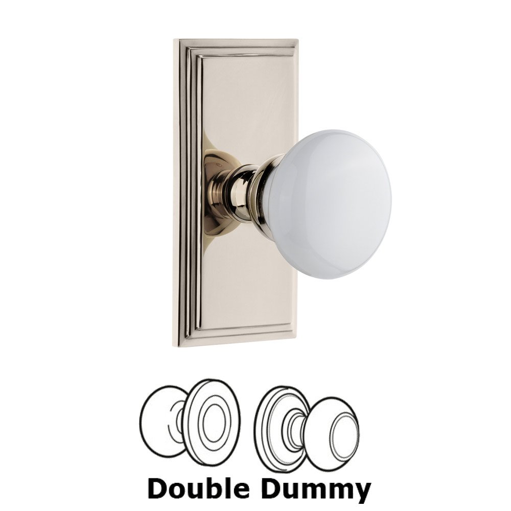 Carre Plate Double Dummy with Hyde Park White Porcelain Knob in Polished Nickel
