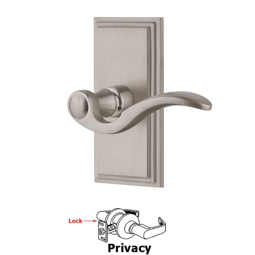 Privacy Carre Plate with Bellagio Left Handed Lever in Satin Nickel