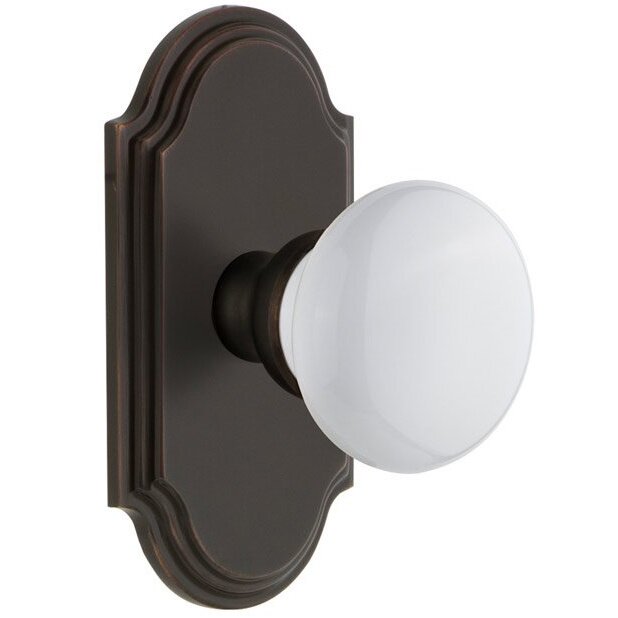 Arc Plate Passage with Hyde Park White Porcelain Knob in Timeless Bronze