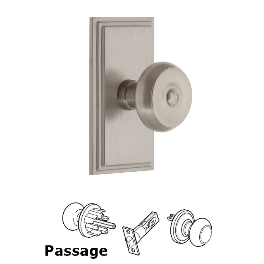 Grandeur Carre Plate Passage with Bouton Knob in Satin Nickel
