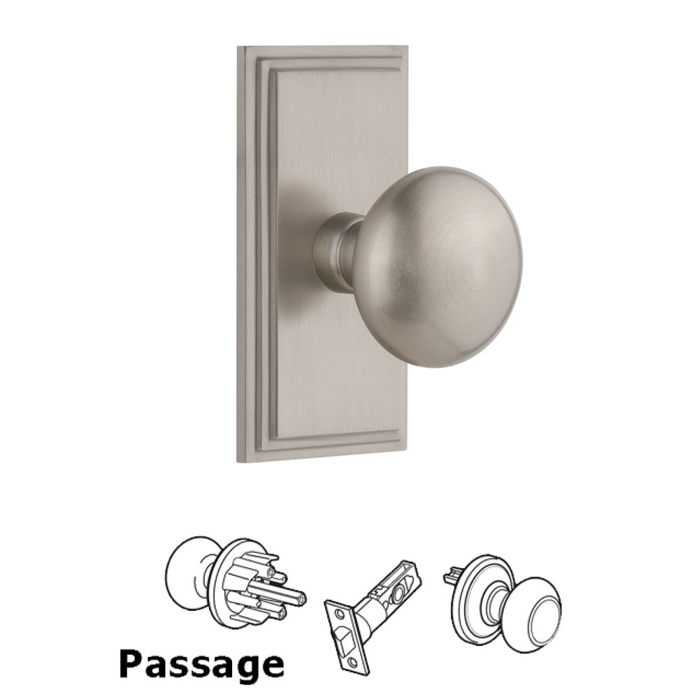 Grandeur Carre Plate Passage with Fifth Avenue Knob in Satin Nickel