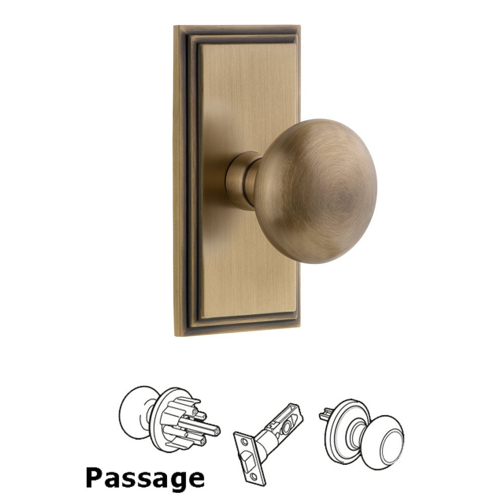 Grandeur Carre Plate Passage with Fifth Avenue Knob in Vintage Brass
