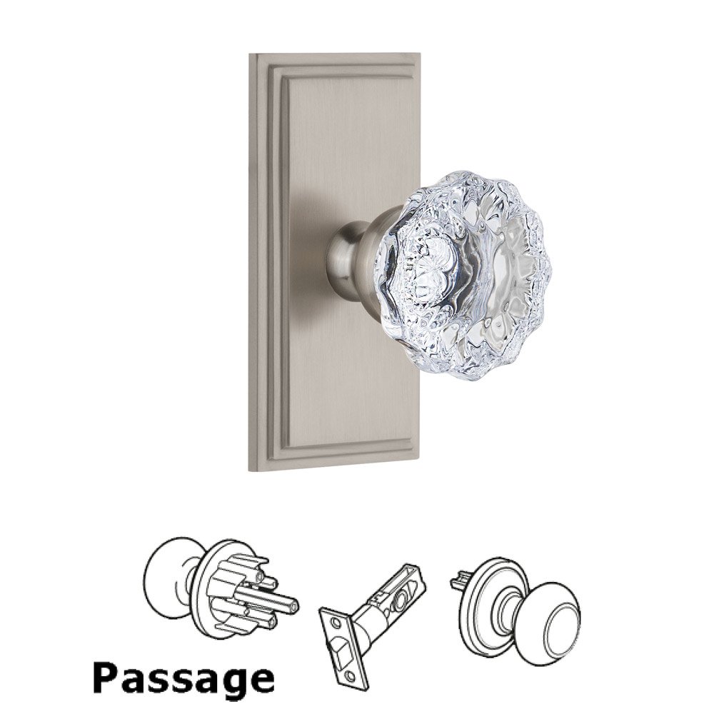 Grandeur Carre Plate Passage with Fontainebleau Crystal Knob in Satin Nickel