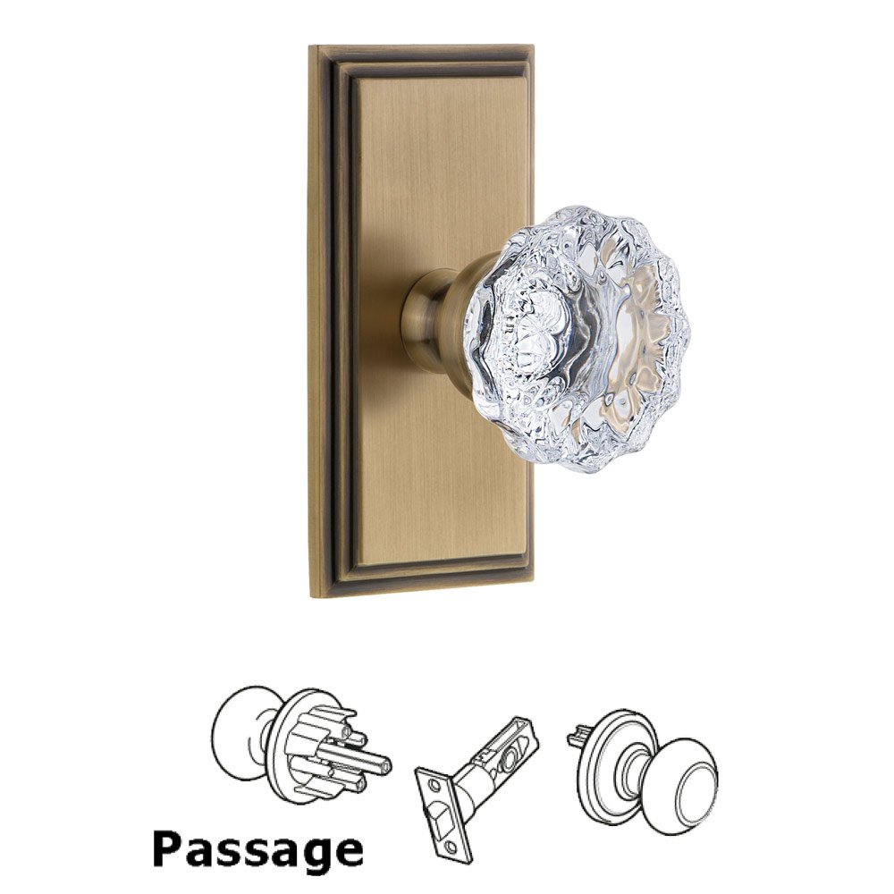 Grandeur Carre Plate Passage with Fontainebleau Crystal Knob in Vintage Brass