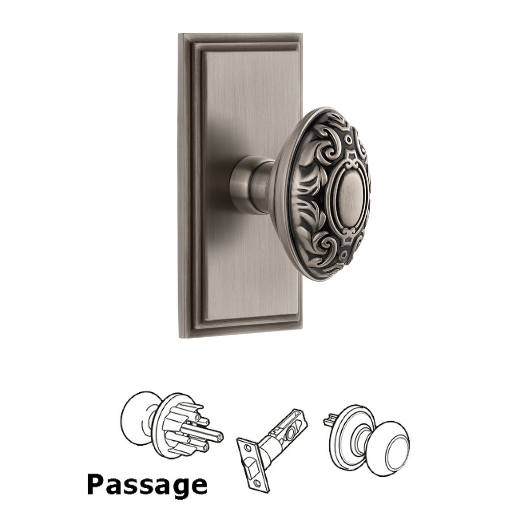 Grandeur Carre Plate Passage with Grande Victorian Knob in Antique Pewter