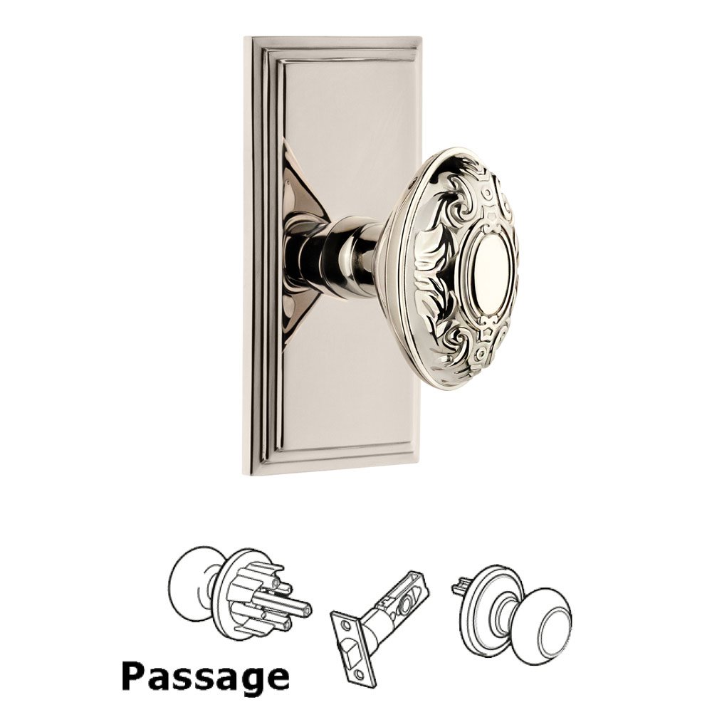 Grandeur Carre Plate Passage with Grande Victorian Knob in Polished Nickel