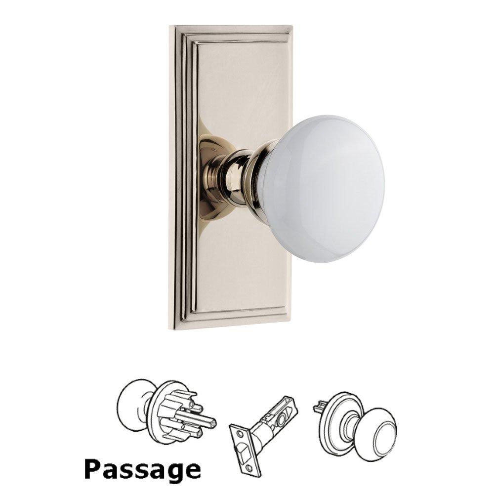 Carre Plate Passage with Hyde Park White Porcelain Knob in Polished Nickel