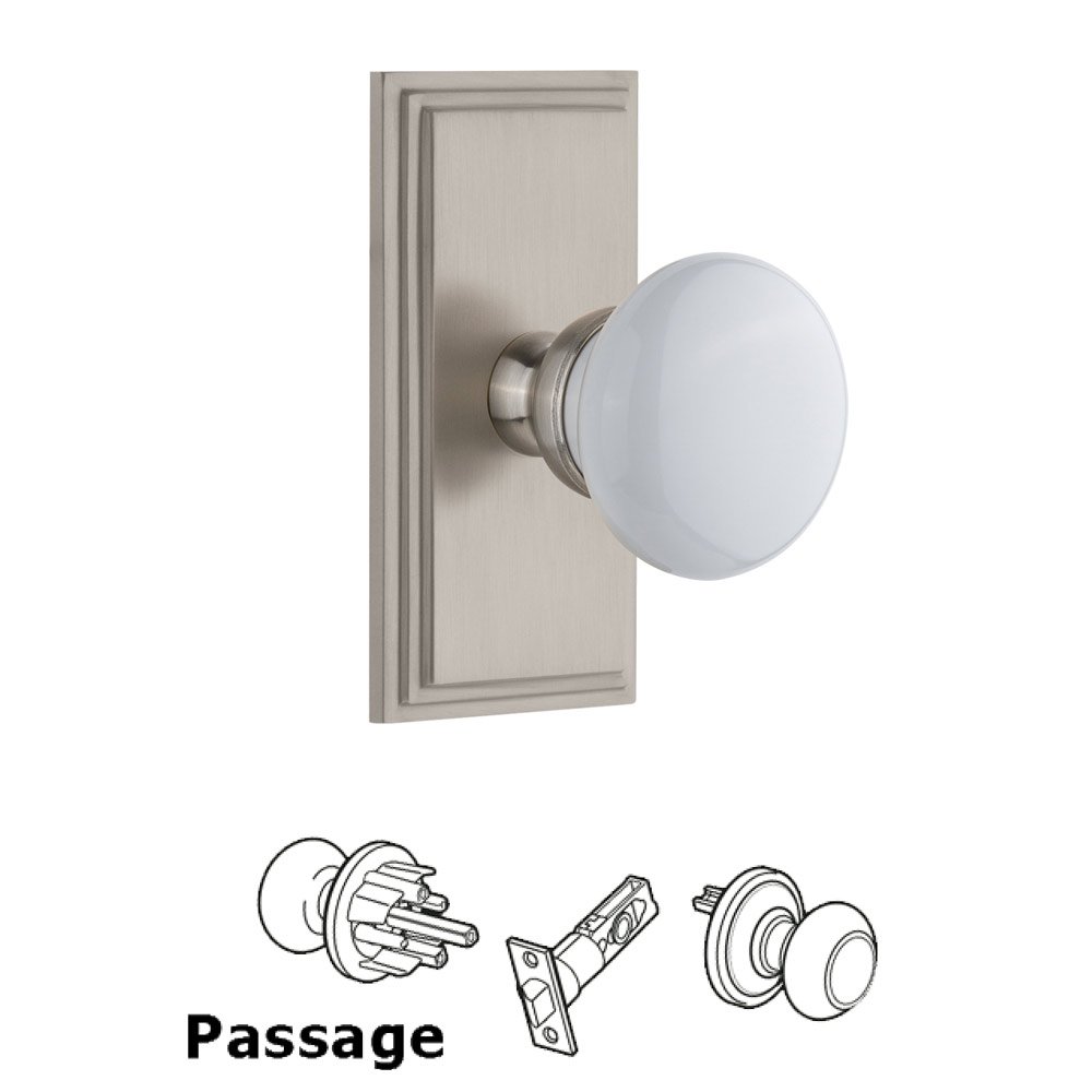 Carre Plate Passage with Hyde Park White Porcelain Knob in Satin Nickel