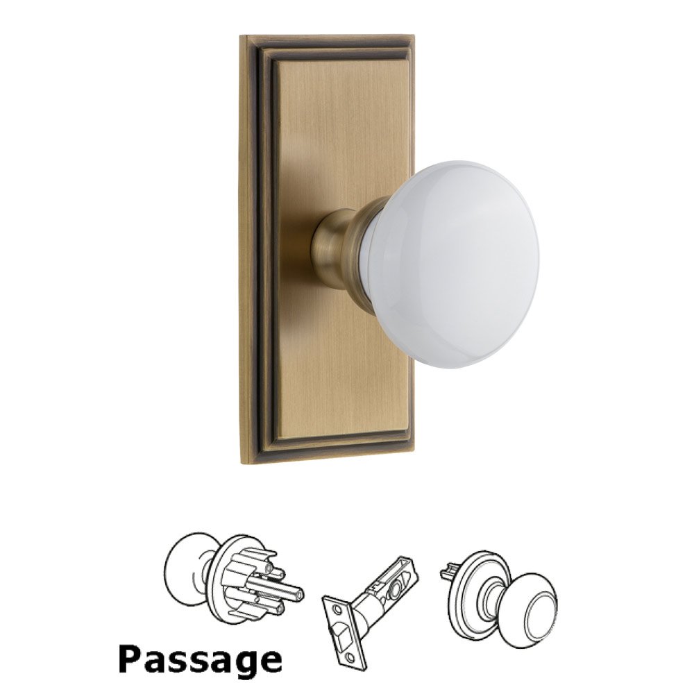 Carre Plate Passage with Hyde Park White Porcelain Knob in Vintage Brass