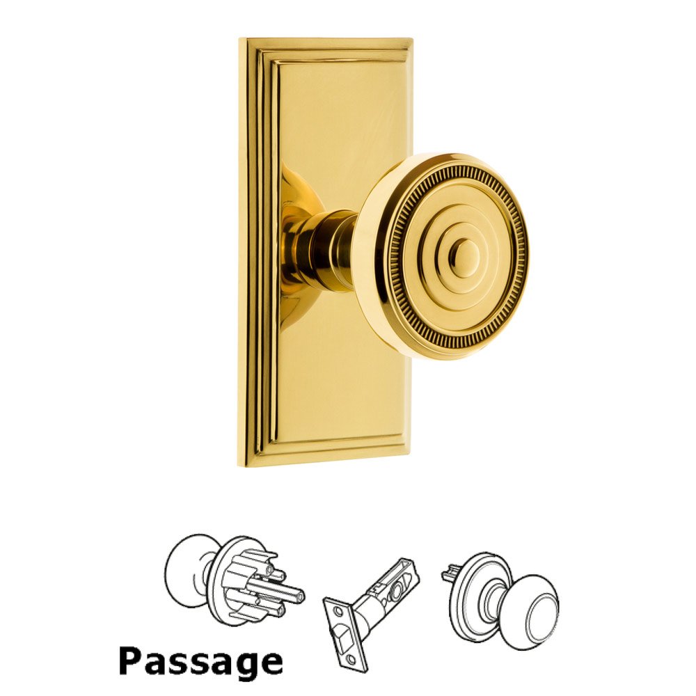 Grandeur Carre Plate Passage with Soleil Knob in Polished Brass