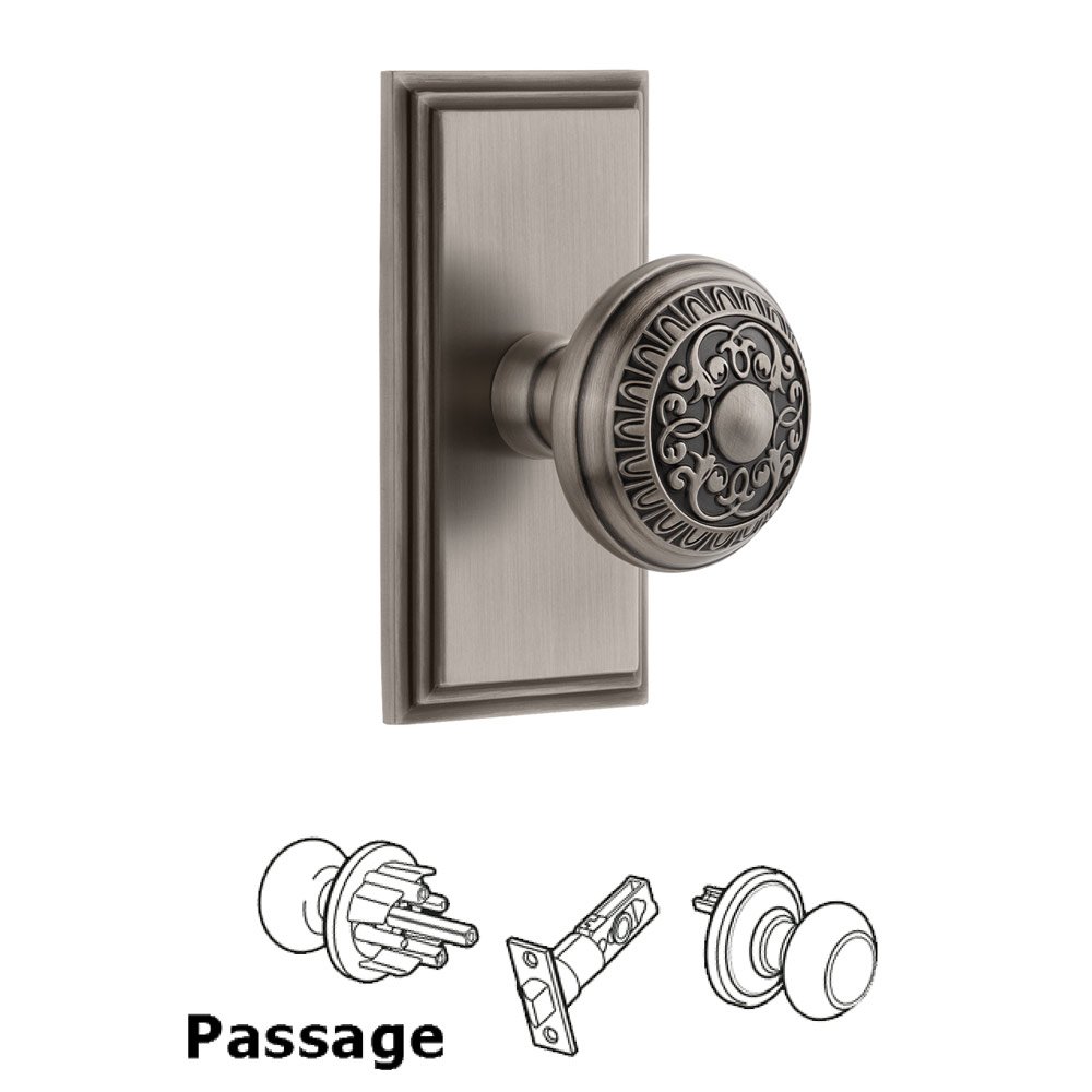 Grandeur Carre Plate Passage with Windsor Knob in Antique Pewter