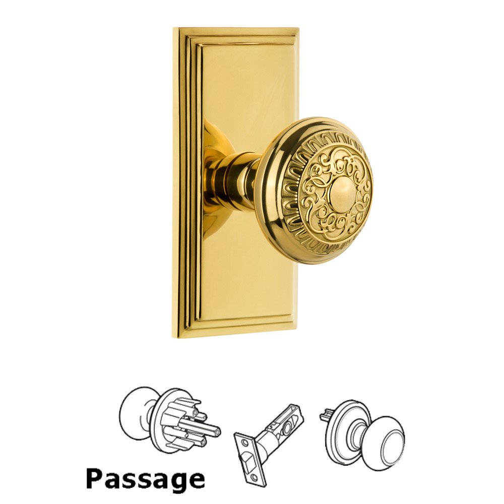 Grandeur Carre Plate Passage with Windsor Knob in Polished Brass