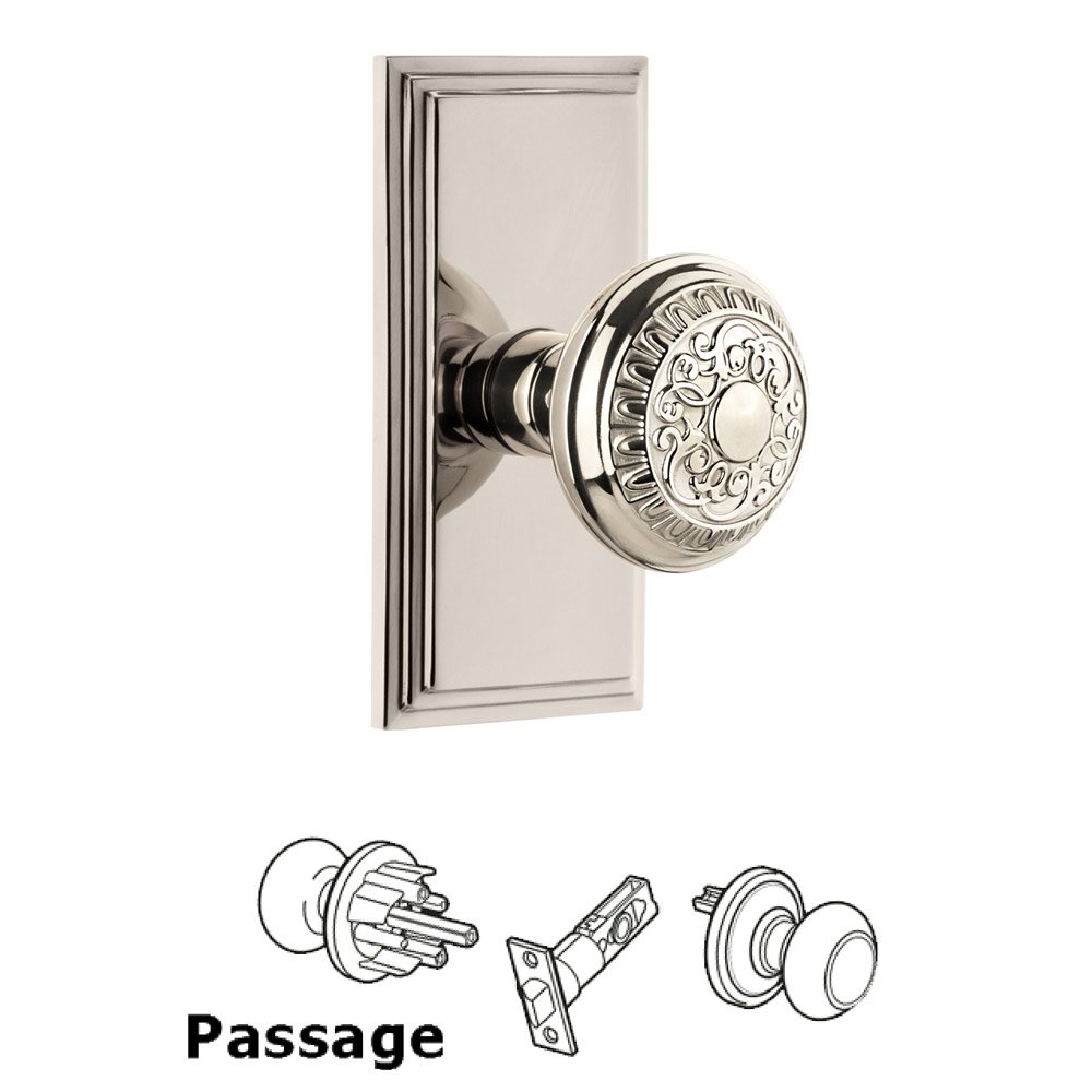 Grandeur Carre Plate Passage with Windsor Knob in Polished Nickel