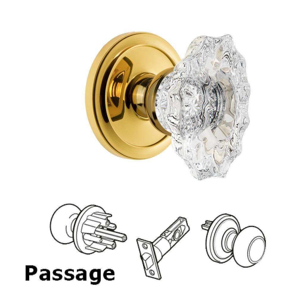 Grandeur Circulaire Rosette Passage with Biarritz Crystal Knob in Polished Brass
