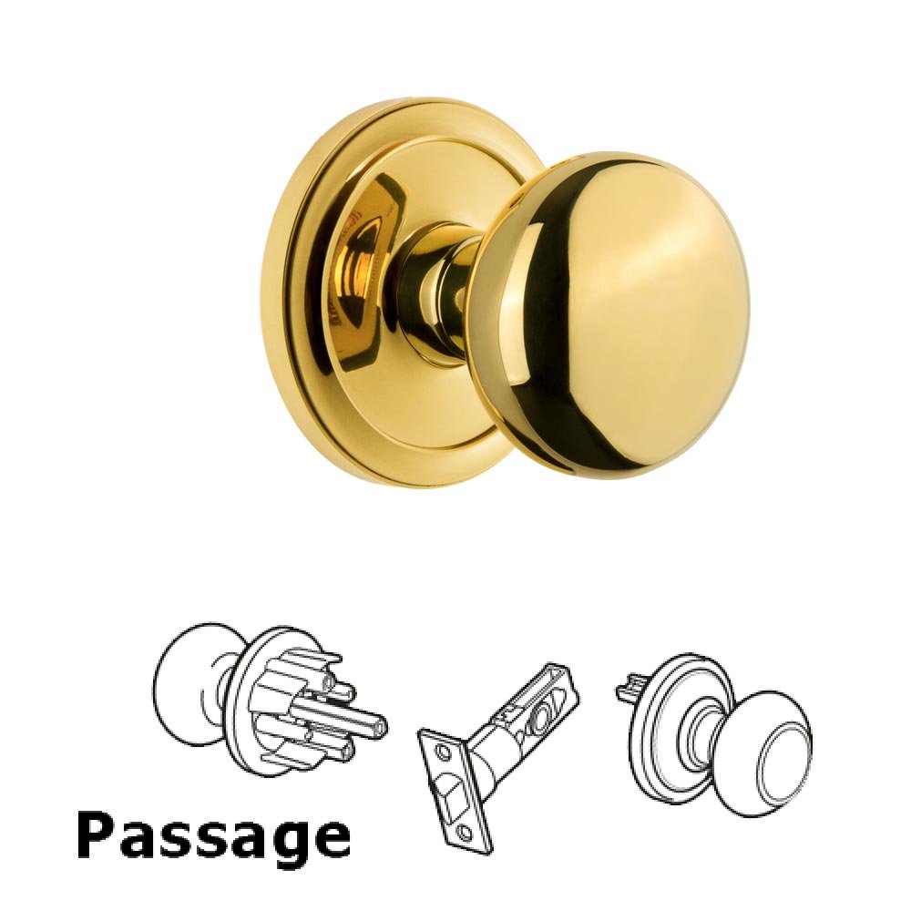 Grandeur Circulaire Rosette Passage with Fifth Avenue Knob in Polished Brass