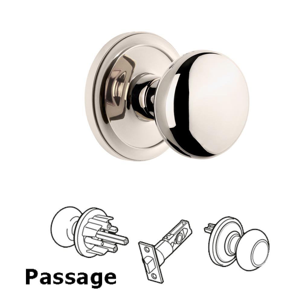 Grandeur Circulaire Rosette Passage with Fifth Avenue Knob in Polished Nickel