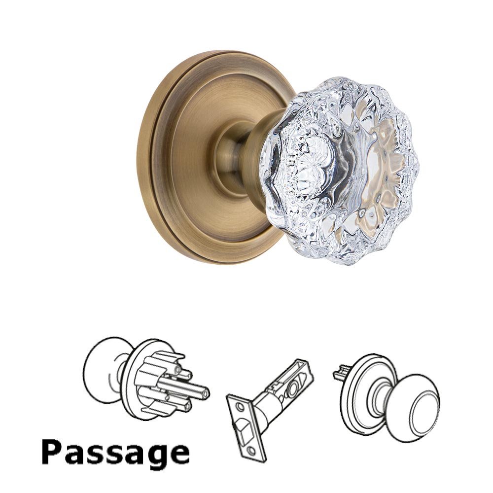 Grandeur Circulaire Rosette Passage with Fontainebleau Crystal Knob in Vintage Brass