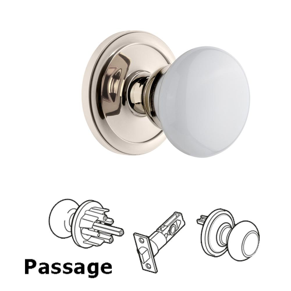 Circulaire Rosette Passage with Hyde Park White Porcelain Knob in Polished Nickel