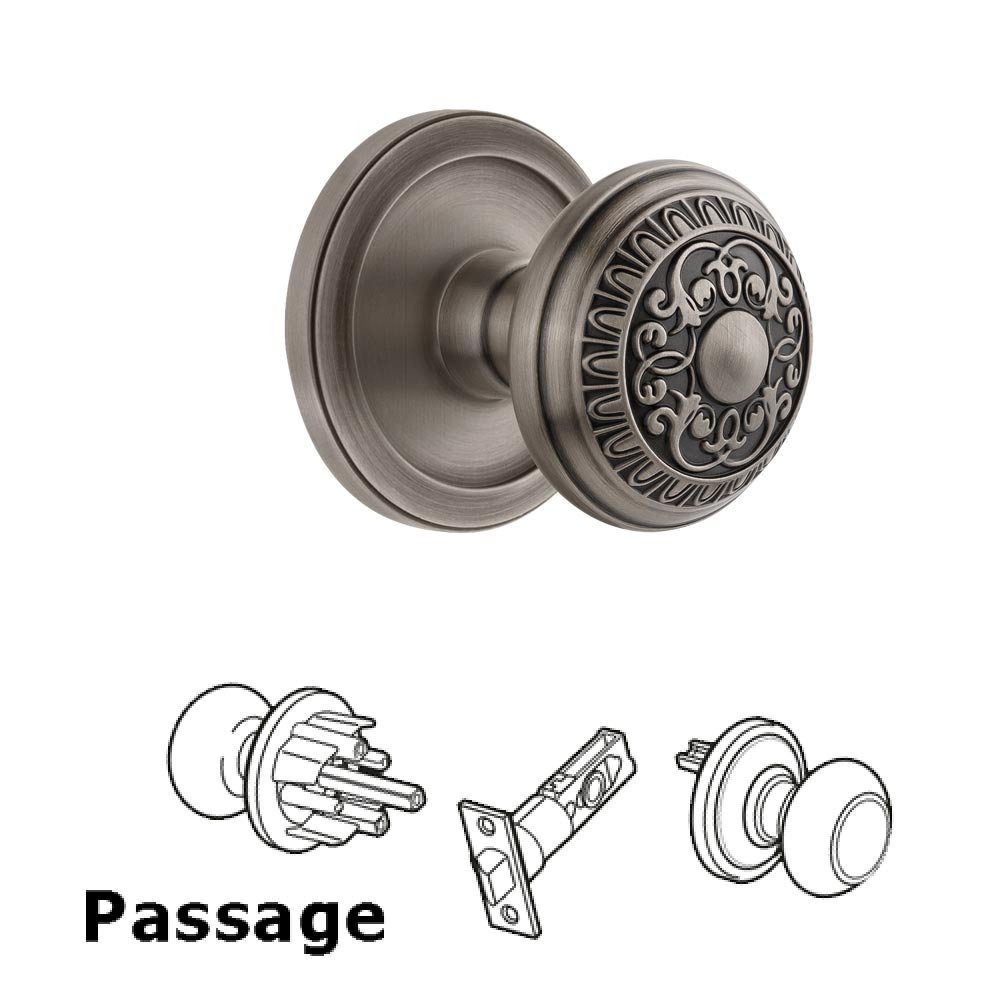 Grandeur Circulaire Rosette Passage with Windsor Knob in Antique Pewter
