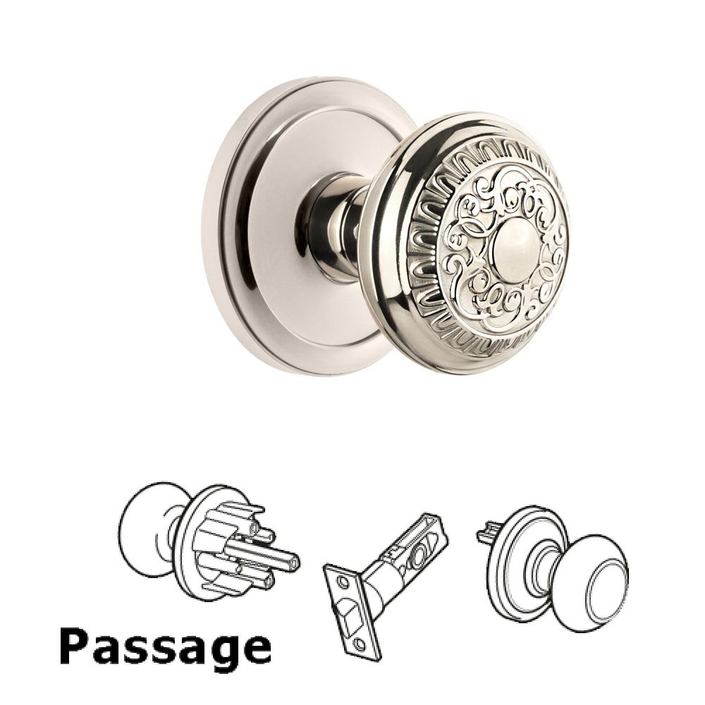 Grandeur Circulaire Rosette Passage with Windsor Knob in Polished Nickel