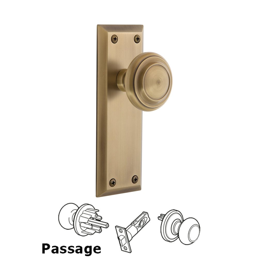 Grandeur Fifth Avenue Plate Passage with Circulaire Knob in Vintage Brass