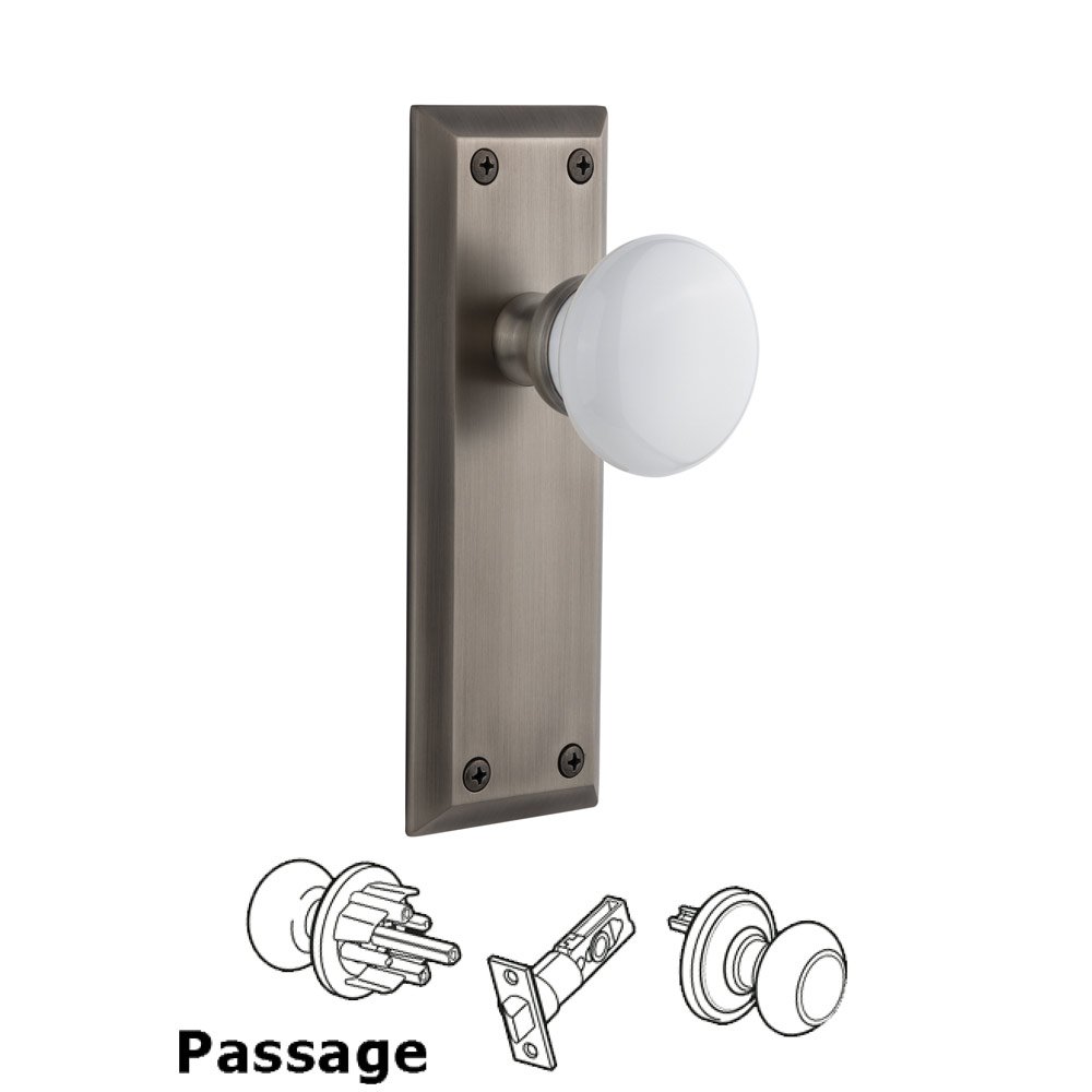 Fifth Avenue Plate Passage with Hyde Park White Porcelain Knob in Antique Pewter
