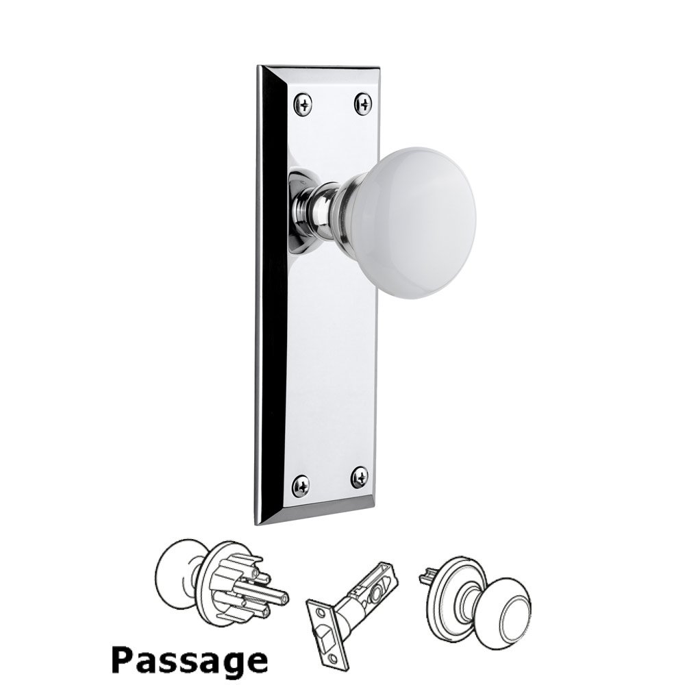Fifth Avenue Plate Passage with Hyde Park White Porcelain Knob in Bright Chrome