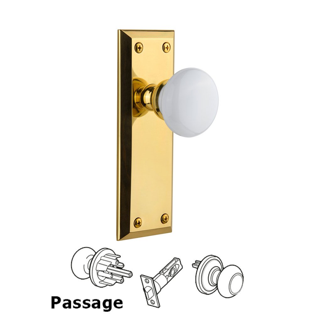 Fifth Avenue Plate Passage with Hyde Park White Porcelain Knob in Polished Brass
